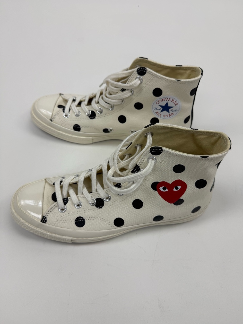 Converse High Top Sneakers in Off White with Black Polka Dots and Red Heart